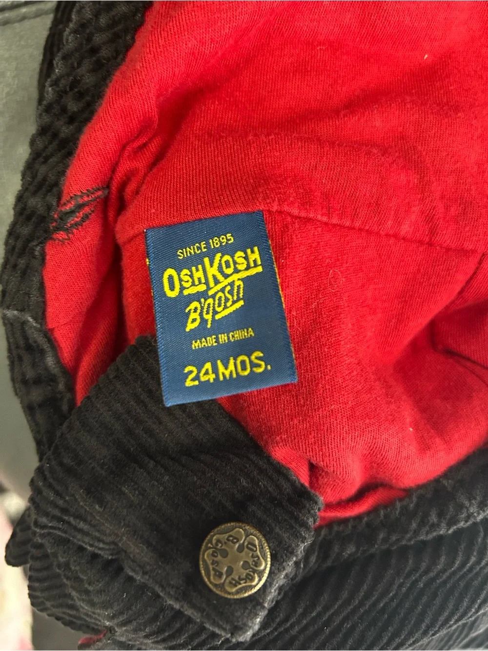 VTG OshKosh B'gosh Black Corduroy Overalls Red Lined Cargo Pockets 24M